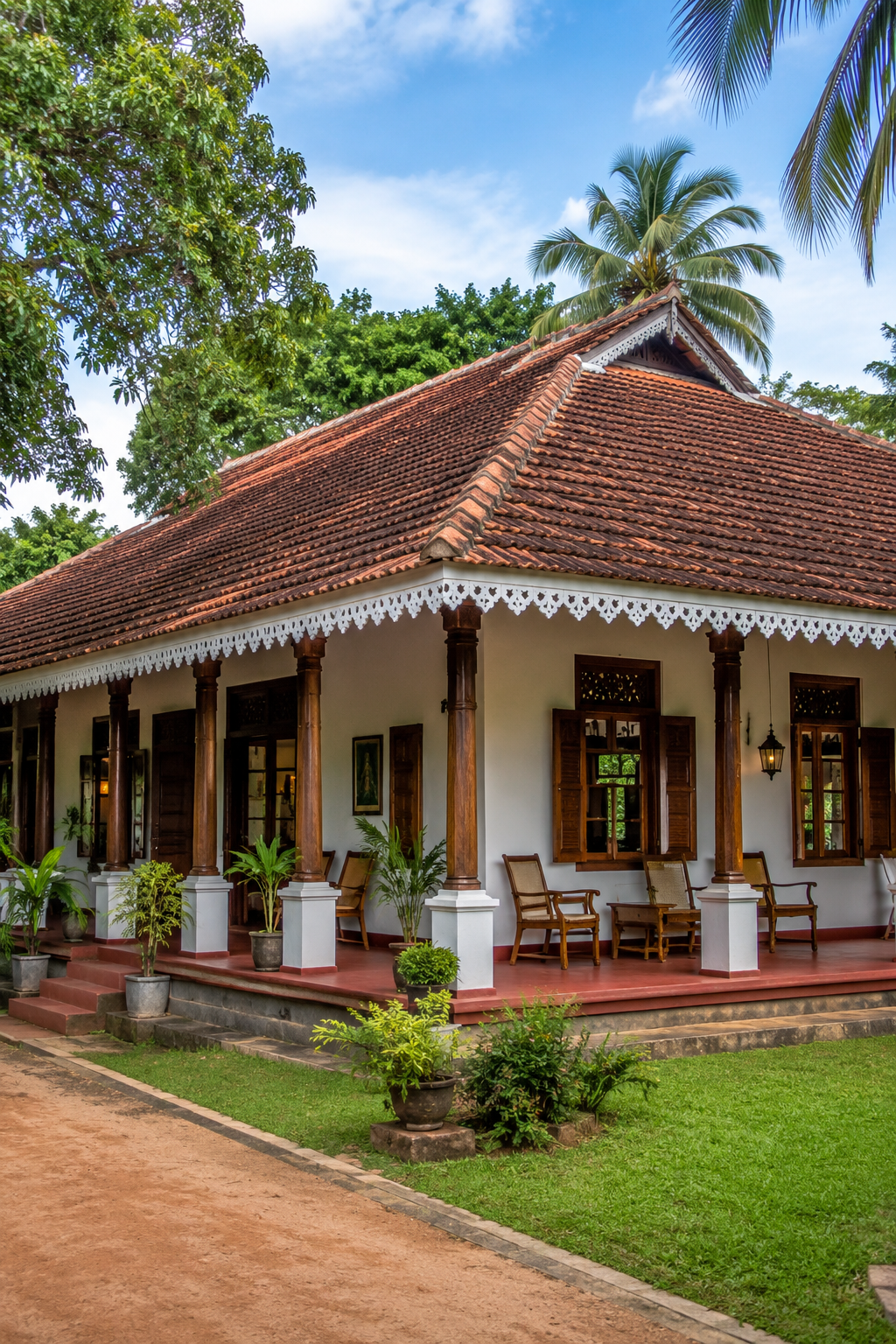 Traditional red-tiled roof villa with wooden pillars by Alucraft Construction